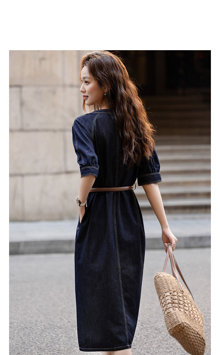 Demana [Denim Cloud Cotton] Spring V-Neck Belted Topstitch Loose Petite Women's Denim Dress 18