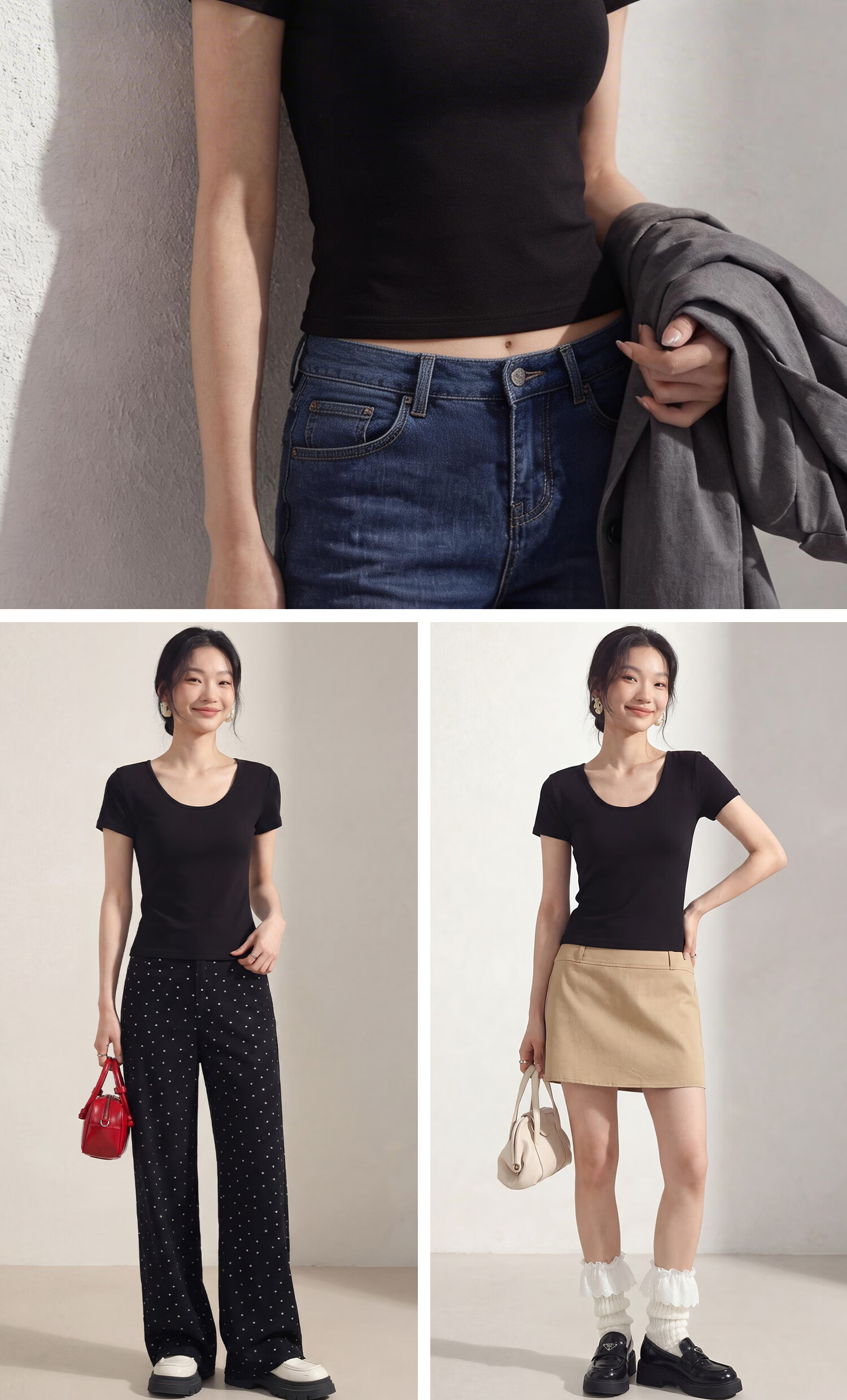 Miiow Women's Short Sleeve T-Shirt 2026 New Summer Thin Cool Fit U-Neck Black and White Slim Fit Top 20