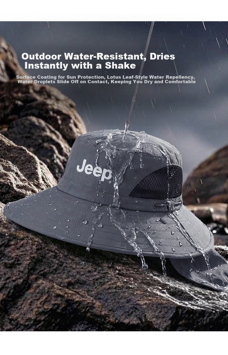 JEEP Men's Sun Protection Hat UV Protection Summer Fisherman Outdoor Hiking Wide Brim Sun Hat 2