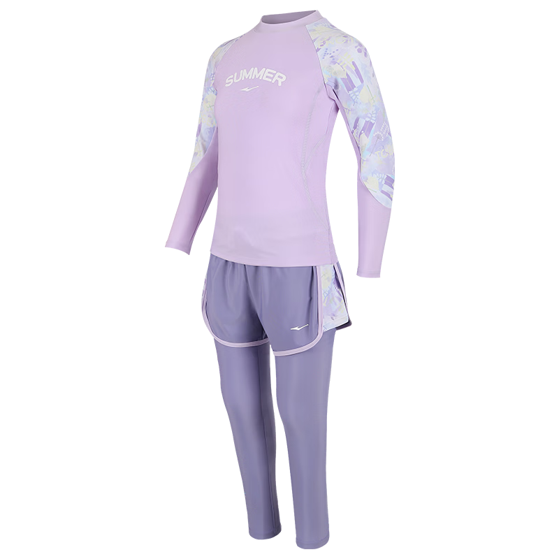 ERKE Children's Swimsuit, Girls' Long-Sleeve And Long-Pants One-Piece Swimwear, Faux Two-Piece Design, Sun Protection, Breathable Swimwear Set