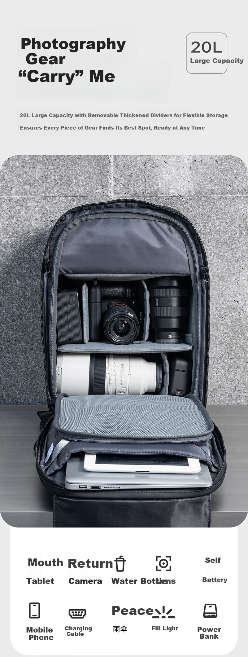 Llano C4 Light And Shadow Camera Bag Backpack Portable Small Size Photography Bag for Men And Women, Compatible with DSLR Mirrorless Cameras, Suitable for Sony Canon Fuji XT5 Nikon Z30/Z50 3
