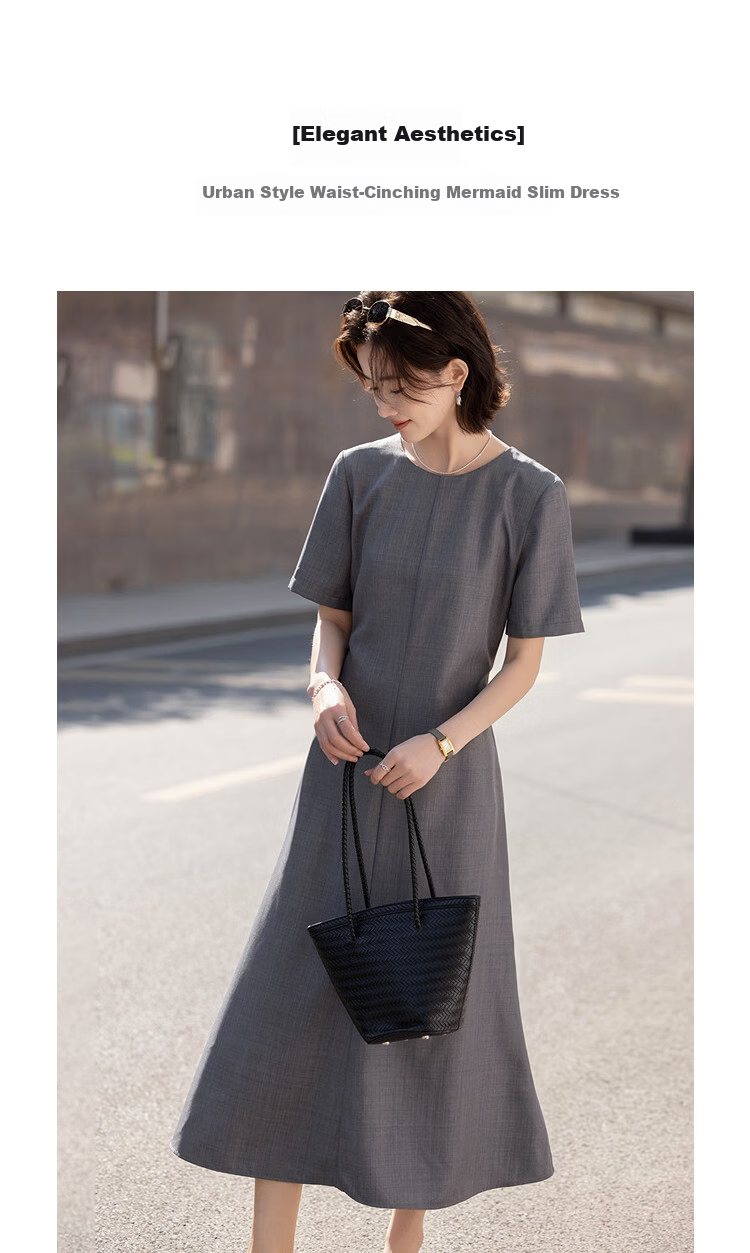 Demana Elegant Aesthetic Summer Urban Style Round Neck Short Sleeve Waist Cinched Mermaid Hem Slimming Concealed Dress for Women High-End Feel 1