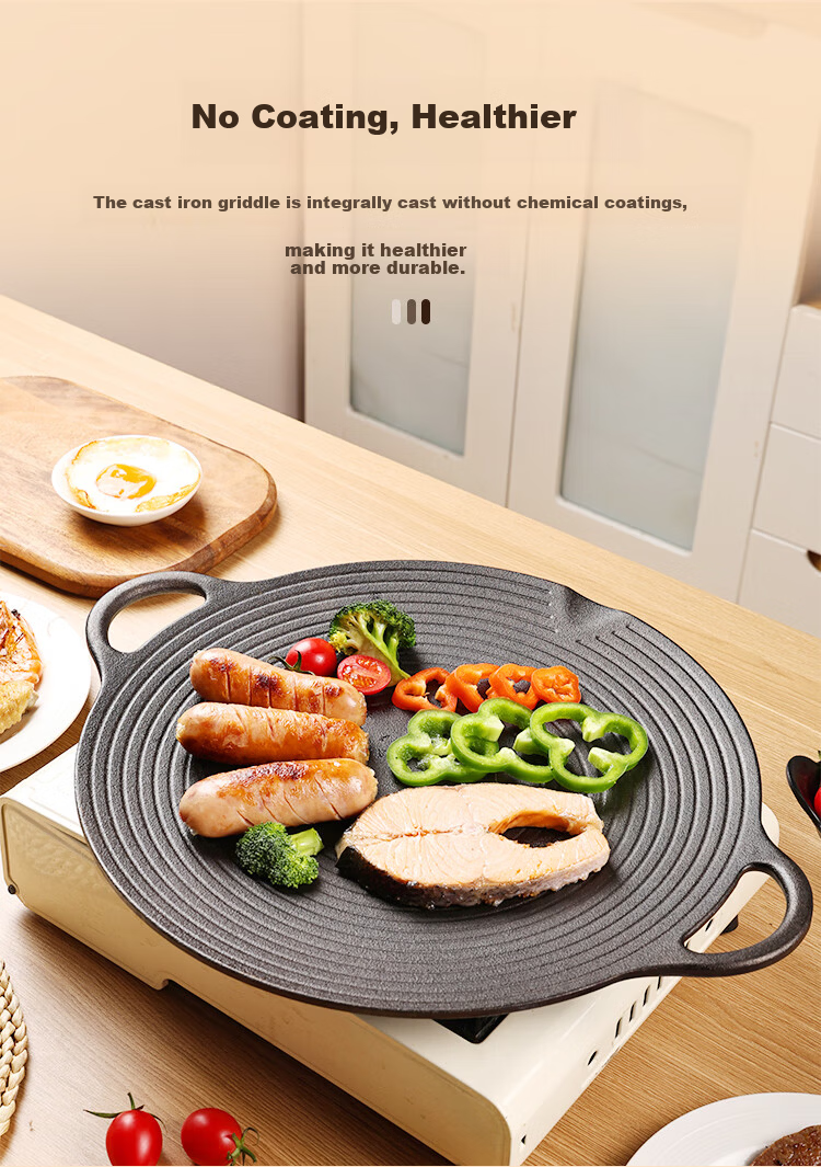 Jincun Cast Iron BBQ Grill Pan Flat Frying Pan No Coating Steak Egg Teppanyaki 35cm for Outdoor Gas Stove 3