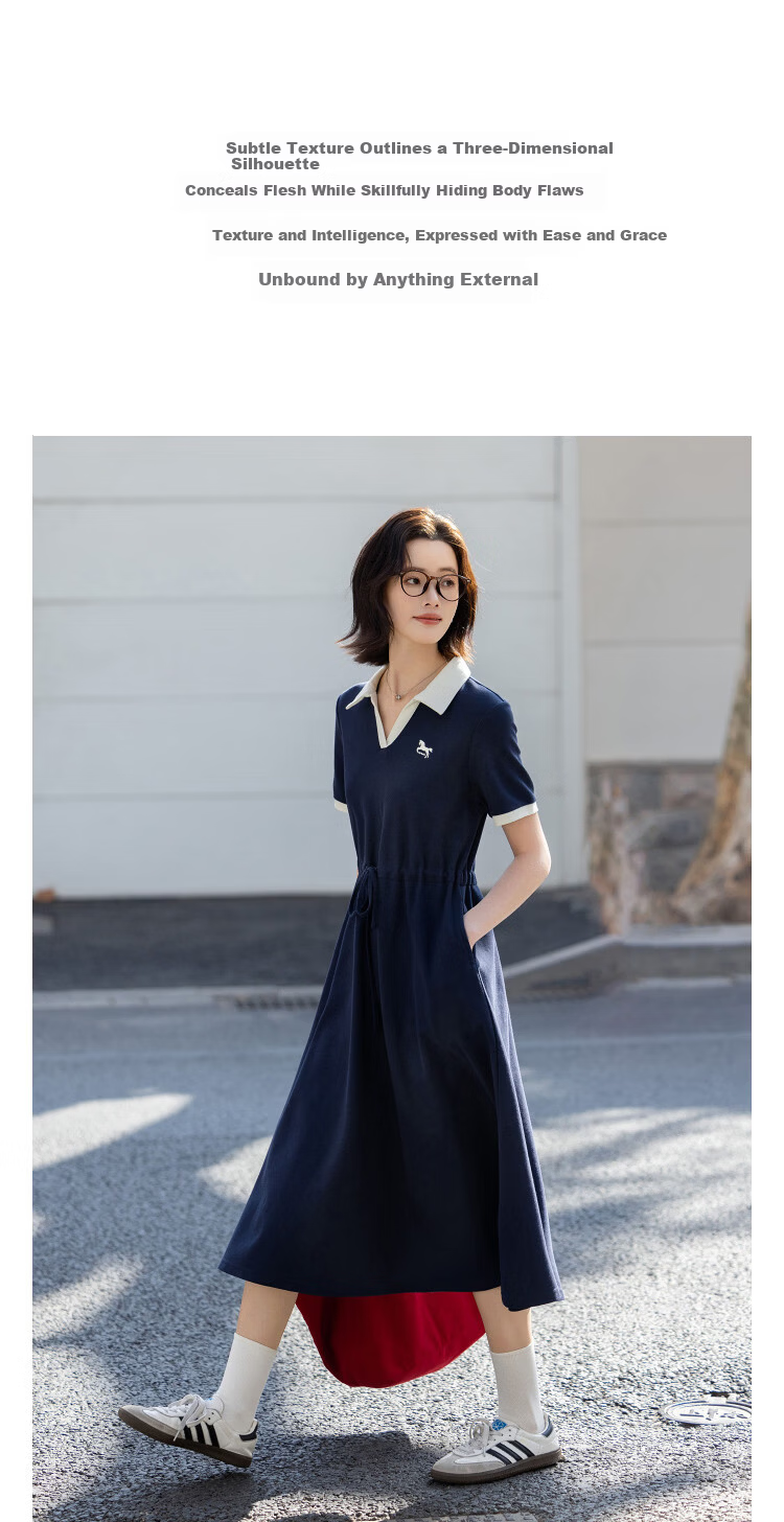Demana [Smart Sense Academy] Summer Color-Block Spliced Embroidered Polo Collar Short Sleeve Waist-Slimming Dress for Women Premium Quality 2