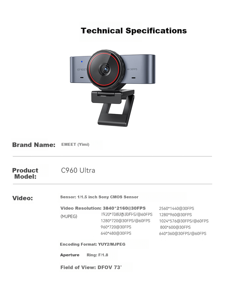 EMEET C960 Ultra 4K HD Beauty Webcam with USB, Desktop Stand for Video Conferencing and Online Classes 19