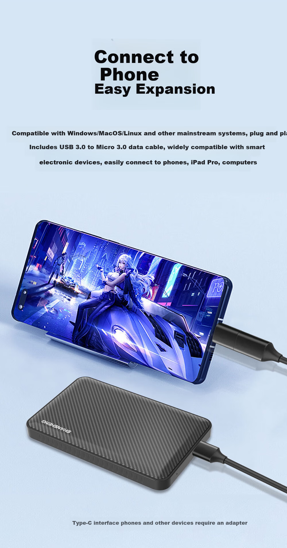 Shansheng 500GB Portable Hard Drive, USB3.0 Metal High-Speed Hard Drive, 2.5-Inch P7 Titanium Silver Color, Computer Hard Drive, Portable Storage for Data And Photos, Business Office Use, Dual-Use for Mobile Phones And Computers 4