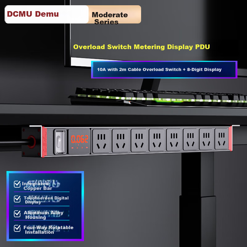 Demu PDU Power Strip Desktop Gaming Cabinet Socket 8-Port Overload Protection Metered Digital Display Extension Cord DMZY-XG8-KxJ Black 2M