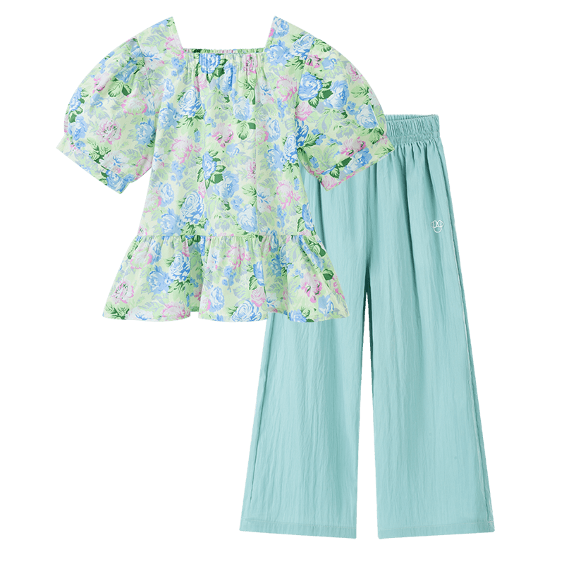 Disney Girls' Short Sleeve T-Shirt Set Summer Floral Cotton Top Two-Piece Light Blue 150