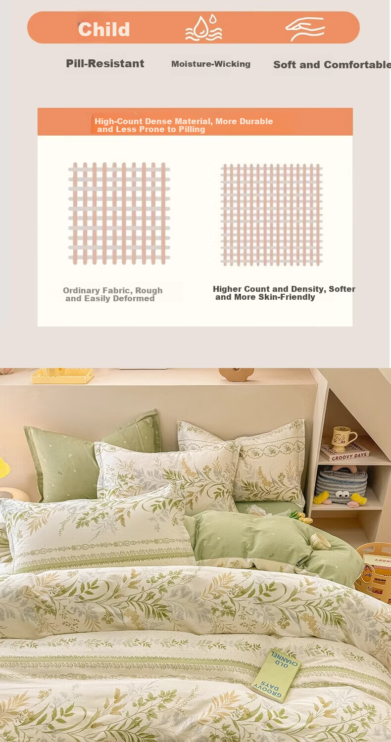 Hodo 100% Cotton Four-Piece Bedding Set, All Cotton Bed Linen, Spring and Autumn Bed Sheet and Quilt Cover 200x230cm, Youyou Xiancao, Suitable for 1.5/1.8m Bed 5
