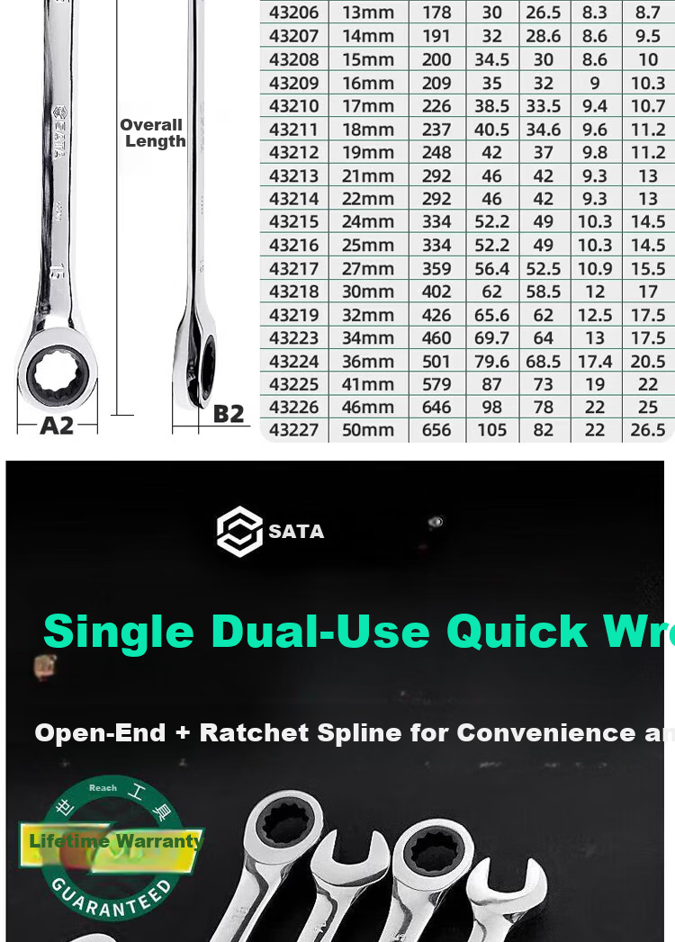 SATA 43206 Fully Polished Dual-Use Quick Ratchet Wrench 13MM 2