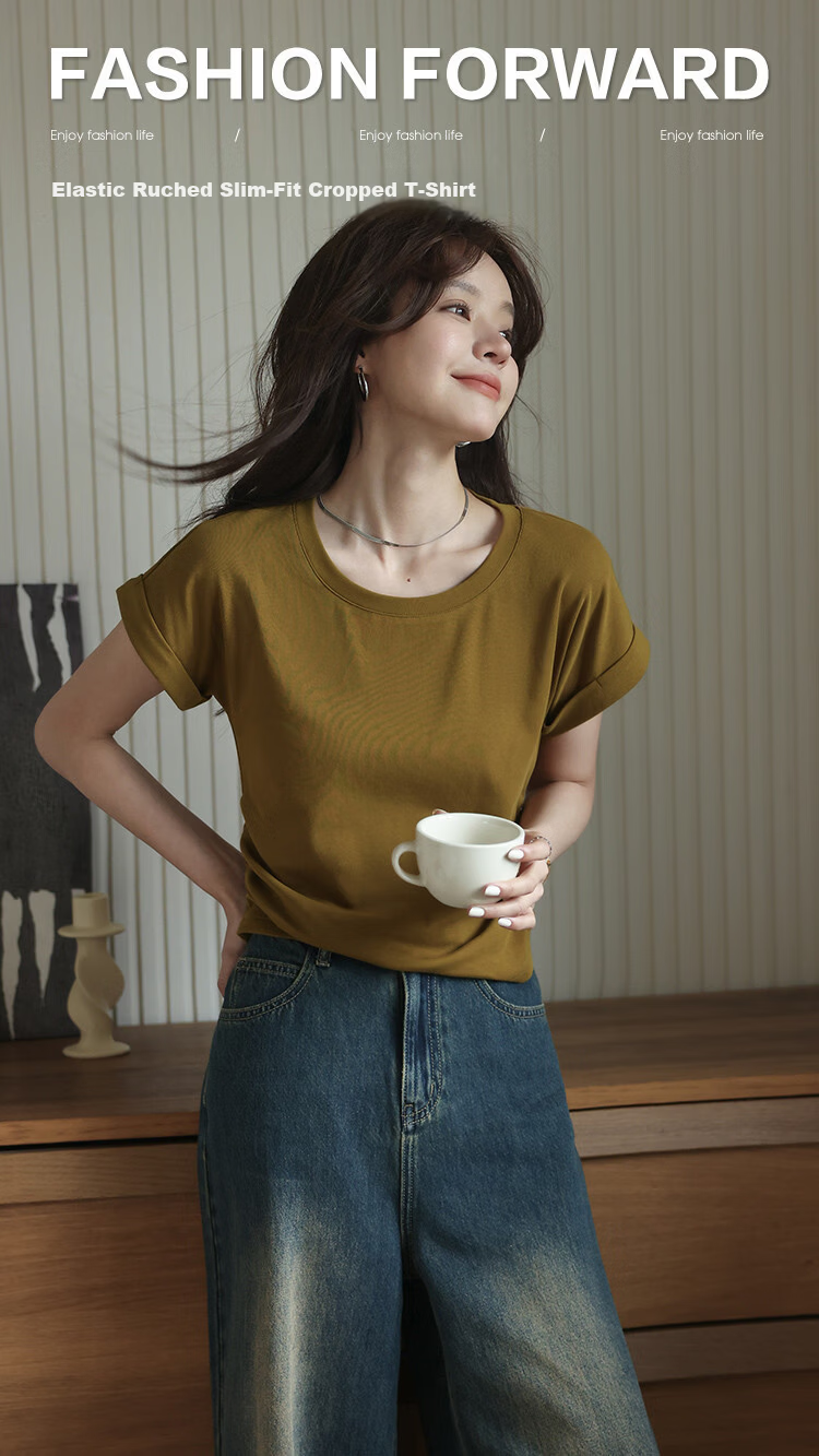 Mt [Simple Wardrobe] Summer Comfortable Soft Stretch Cotton-Spandex Crew Neck Rolled Edge Short Sleeve Casual Petite Women's T-Shirt 1