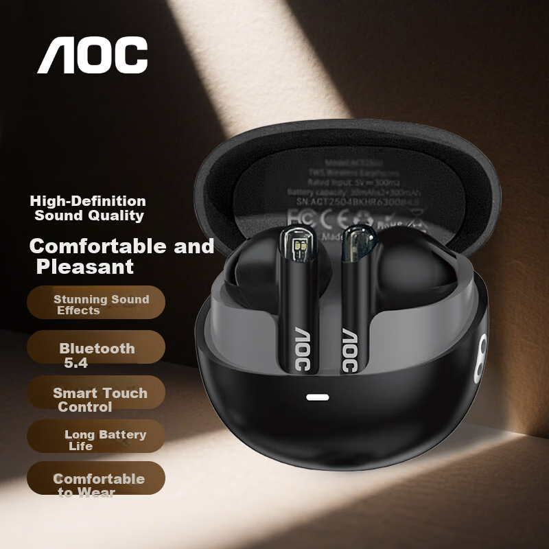 AOC Wireless Bluetooth In-Ear Earphones Long Battery Life Fast Charging for Apple Huawei Xiaomi OPPO Phones Sports Running Gaming ACT2504BK Black