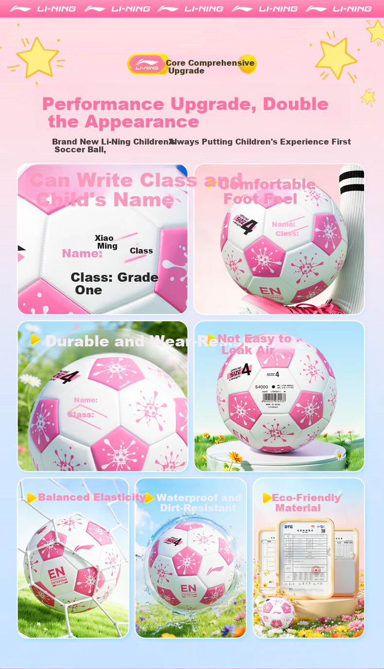 Li-Ning Size 4 Football for Children Girls Ages 3-6-12 Primary and Middle School Standard Match Training with Name Customization 2