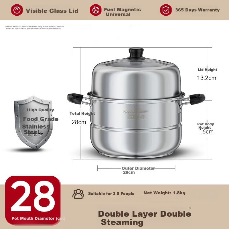 Royalstar 28cm Stainless Steel Steamer Pot Multi-Functional Large Capacity Double-Layer Soup Pot Compatible with Gas and Induction Cooktops