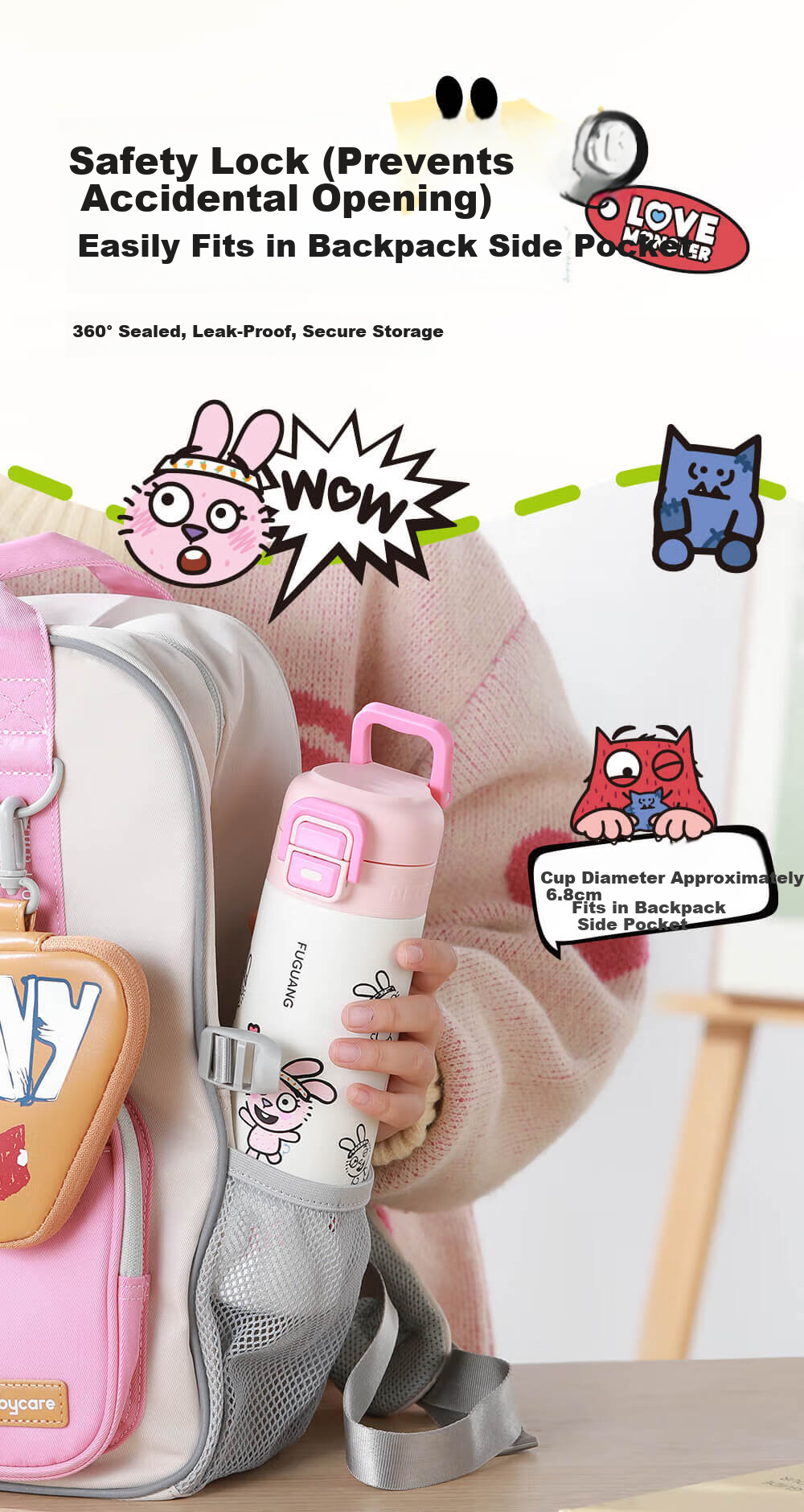 FGA Fuguang Children's Insulated Water Bottle, 316L Double-Drinking Design, for Elementary School Students, Back-To Portable Large Capacity, Red, 500ml 10