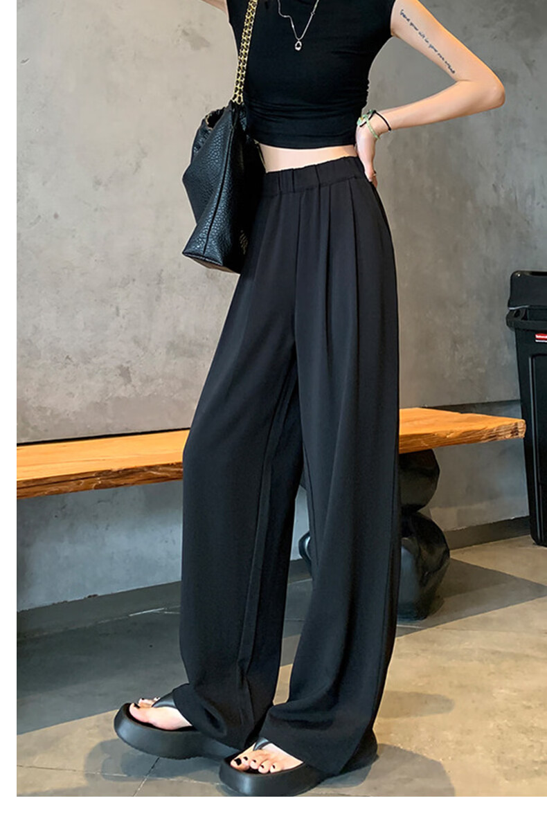 Borui Women's Summer Lightweight Ice-Feel Lazy Style Casual Pants Draped Loose Fit Trousers Chinese Style Wide-Leg Pants Black S 18