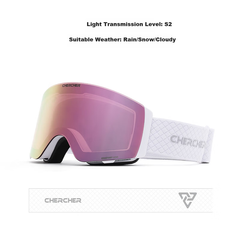 CHERCHER 25th Anniversary Magnetic Flip Ski Goggles Windproof Sandproof Sports Snow Glasses Sakura Pink/White Frame One Size