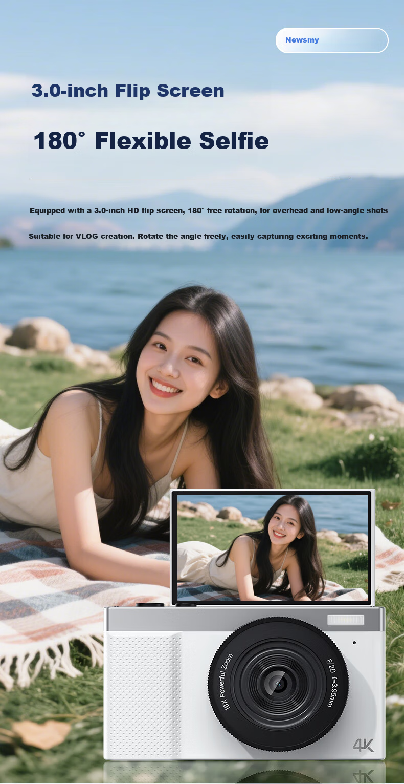 Newsmy N8 Digital Camera Student CCD Flip Screen Selfie HD Pixel Campus Photography Travel Entry-Level Mirrorless Beauty Filter Girls Birthday Gift 64G+Wide Angle Lens 7