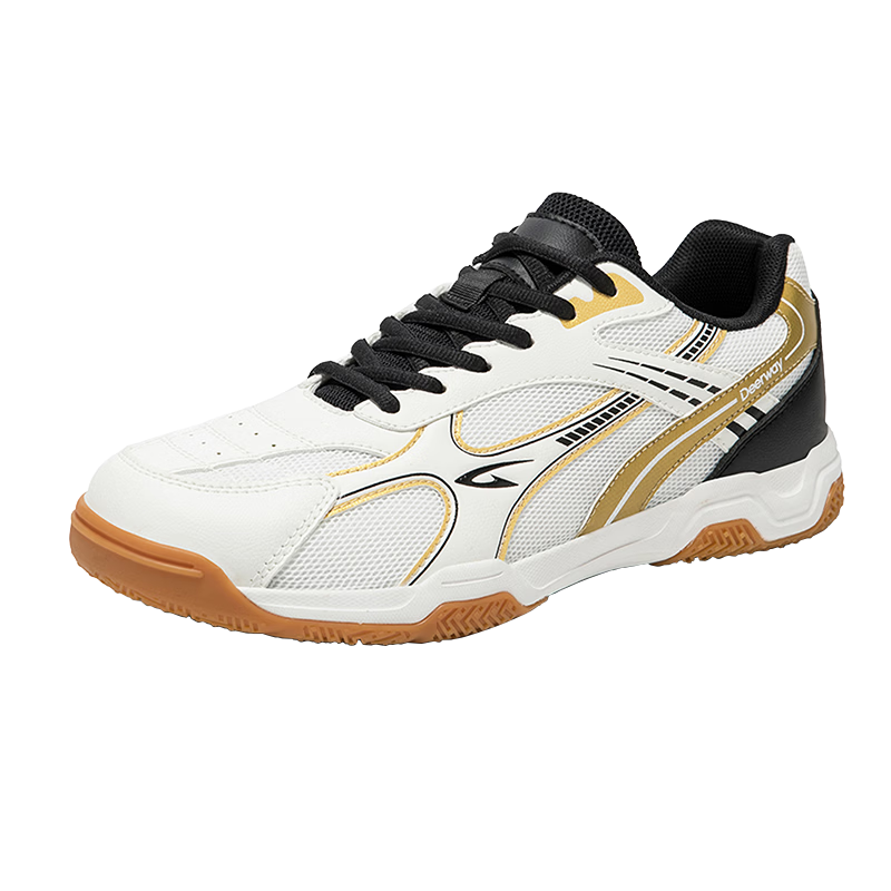 DEERWAY Unisex Badminton Shoes Professional Training Shock Absorption Durable Rubber Soft Sole Sports Shoes White Black Gold Size 39