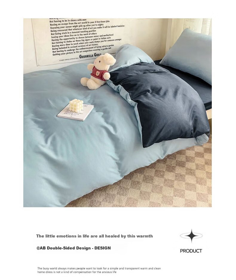 Aiwei Class A Washed Cotton Three-Piece Set Student Dormitory Bed Sheet Pillowcase Quilt Cover 150*200cm Rock Mist Blue 7