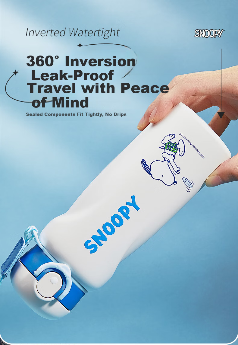 SNOOPY Children's Insulated Cup 316 Stainless Steel Boys and Girls Elementary School Students Portable Direct Drinking Bottle Water Cup with Lanyard 480ml Blue 6