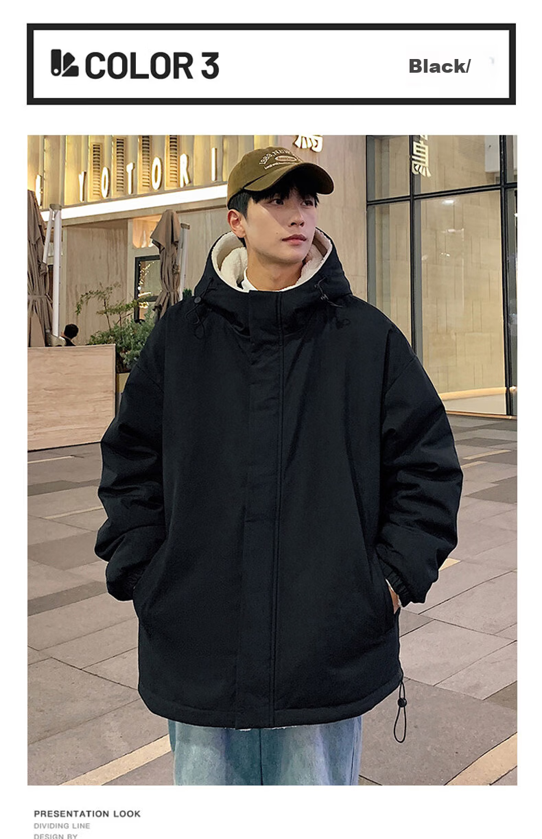 NASA MARVEL Men's Winter Cotton Padded Hooded Jacket Lamb Wool Warm Couple's Puffer Coat Black 3XL 12