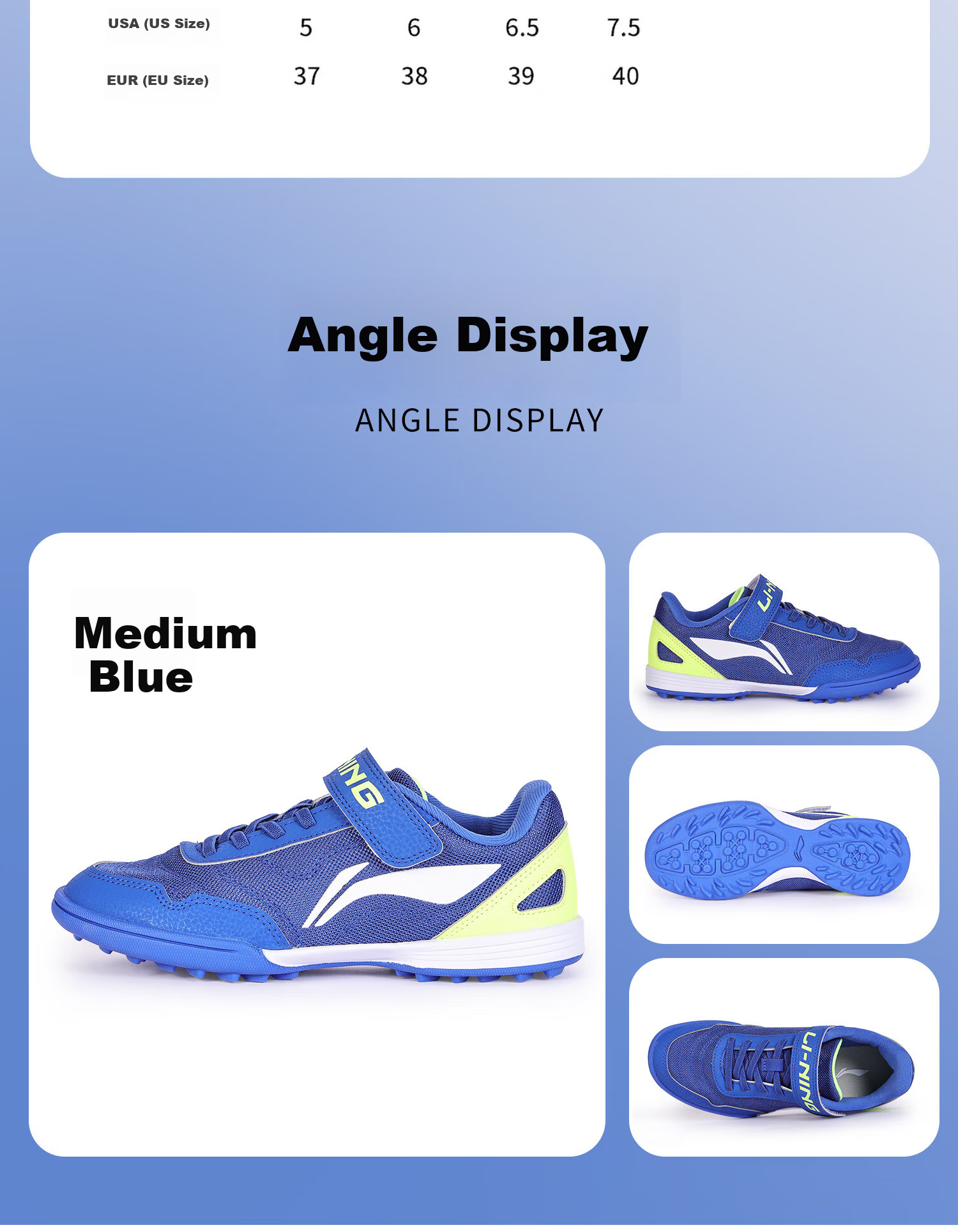 Li-Ning Kids Soccer Shoes TF Turf Studs for Elementary Students 6-12 Years Old, Breathable Mesh, Magic Tape, No Laces, Professional Football Shoes Size 39 15