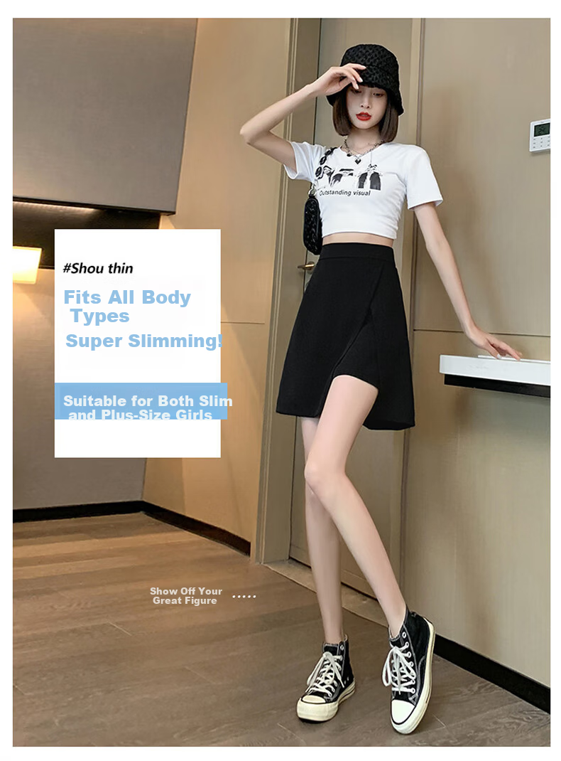 Langsha Women's High-Waist Asymmetric Slit Design Slim Fit A-Line Anti-Exposure Short Skirt Pants 6