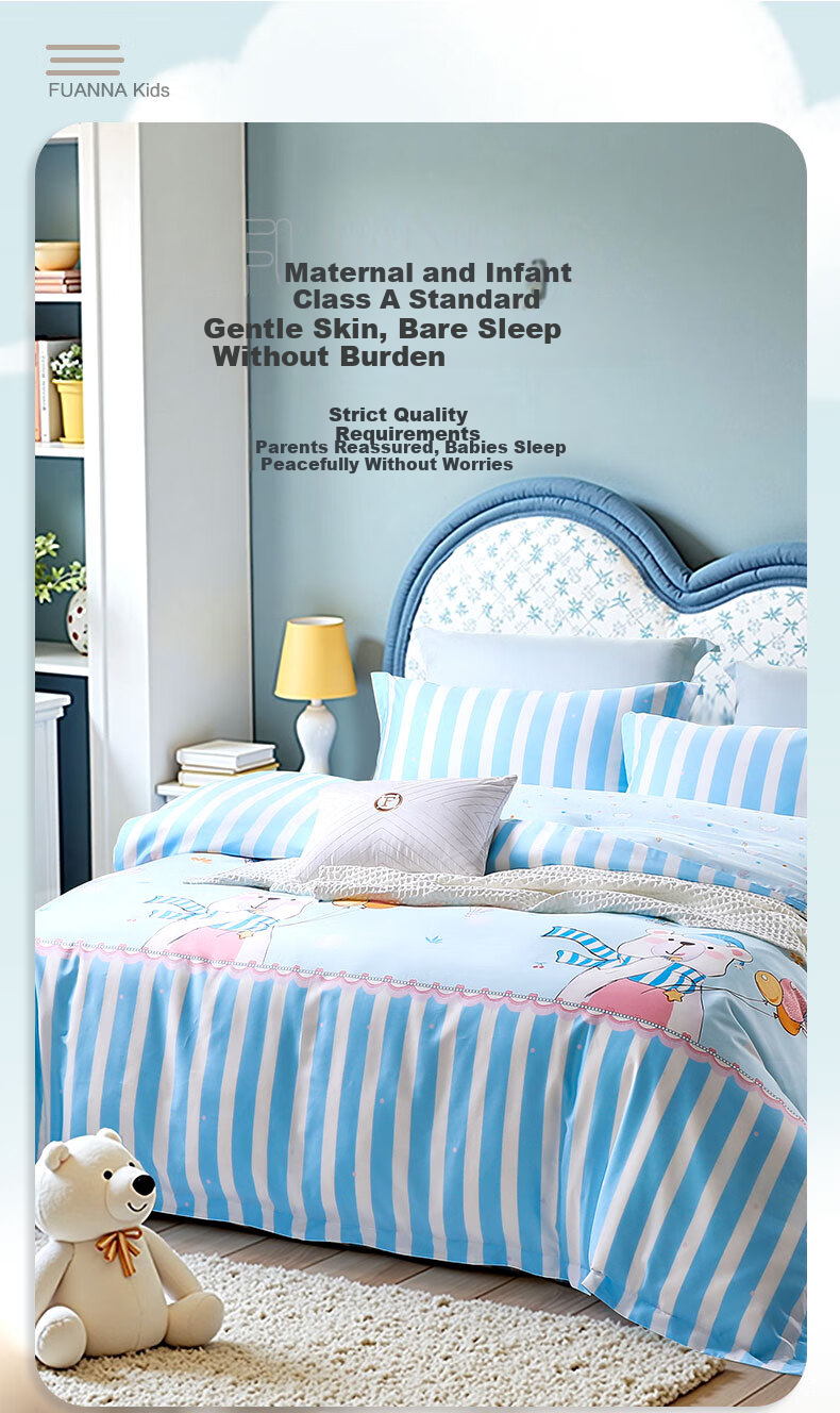 Fuanna Children Bedding Set 3-Piece A-Class 60s Pure Cotton Sheet and Quilt Cover Dormitory 1.2m Bed 152x210cm 6