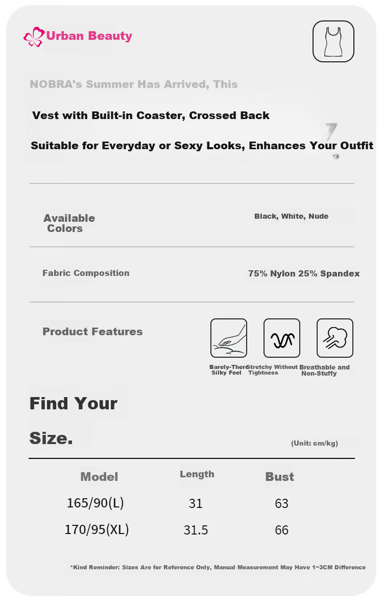 Urban Beauty [No Bra Needed] Women's Camisole with Chest Pad, Ice Silk Thin Seamless Back Beauty Underwear, Wearable as Outerwear or Innerwear 2