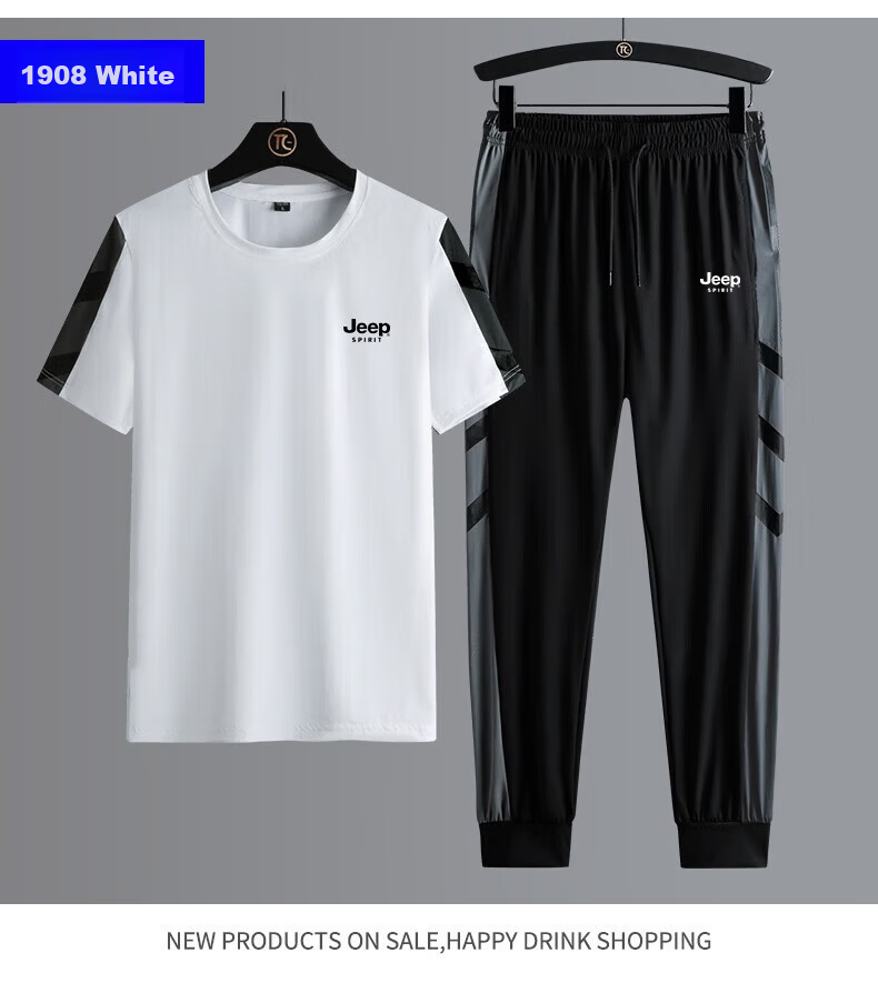 JEEP SPIRIT Men's Summer Ice Silk Quick-Dry Short Sleeve T-Shirt and Long Pants Set Black XL 11