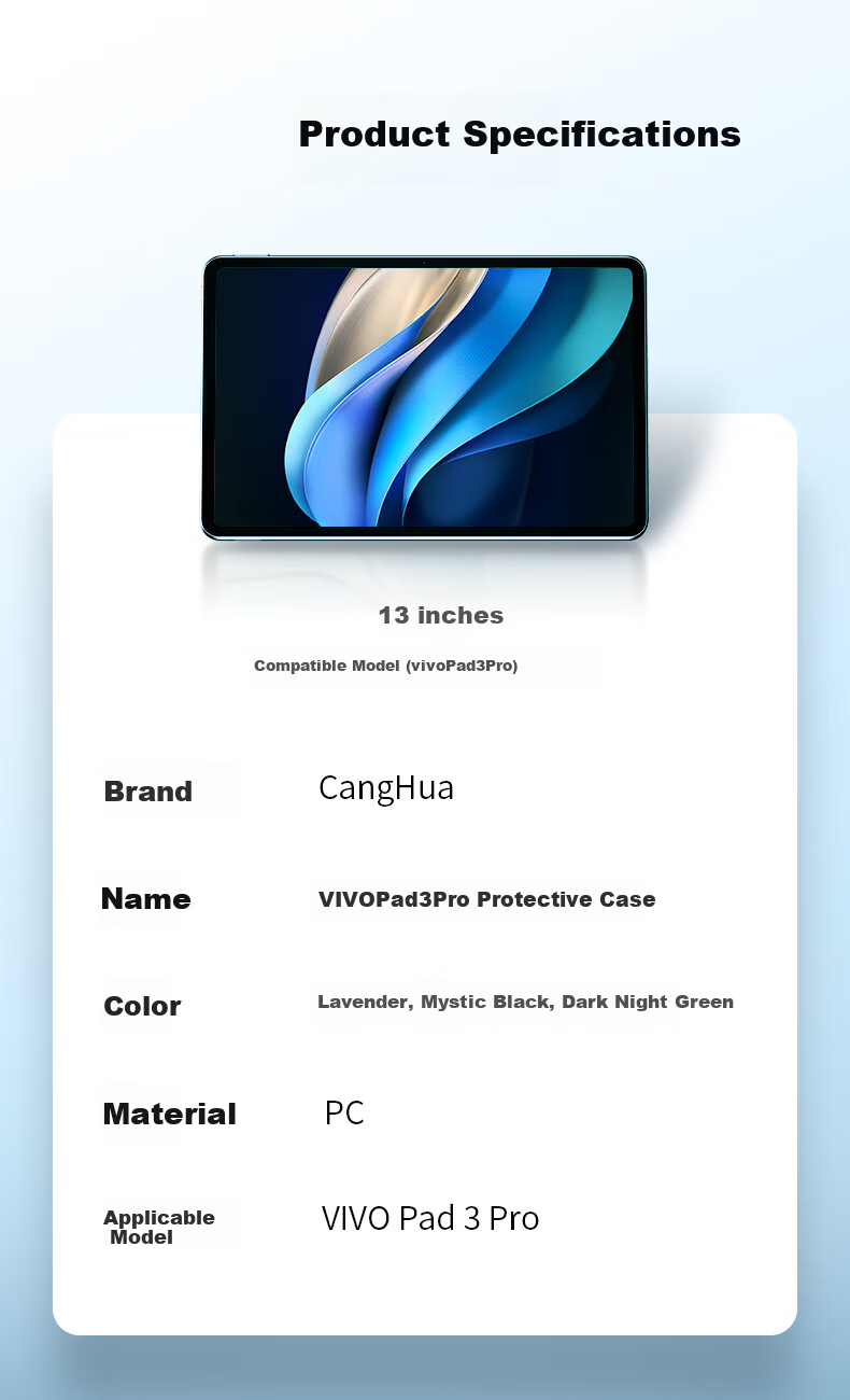 CangHua Compatible with vivo Pad3Pro 13-inch Protective Case iQOO Pad2Pro Tablet Cover Three-Fold Stand Ultra-Thin Full Coverage Shockproof Leather Case Black 3