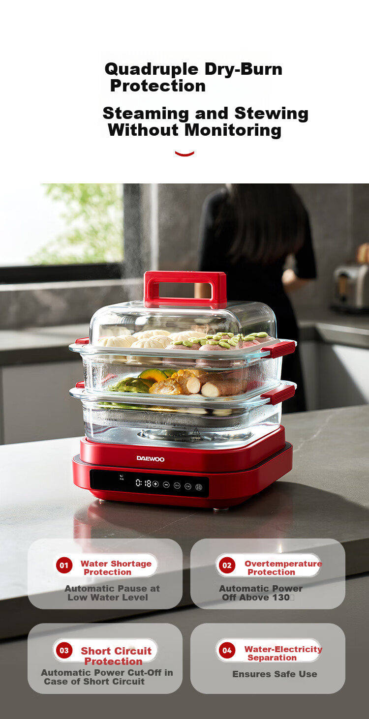 DAEWOO Wanshi Electric Steamer Thickened High Borosilicate Glass Multifunctional Stew Steam Cook 3-in-1 Steam Pot Grill Hot Pot Stainless Steel S31 Red 20
