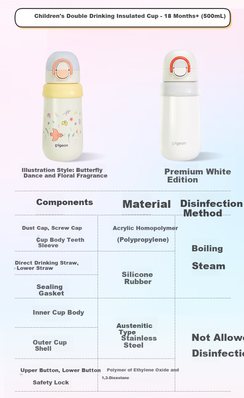 Pigeon Premium White Baby Children's Insulated Water Bottle Thermos Milk Bottle Straw Sippy Cup Anti-Choke Leak-Proof 300ml 12 Months+ 32