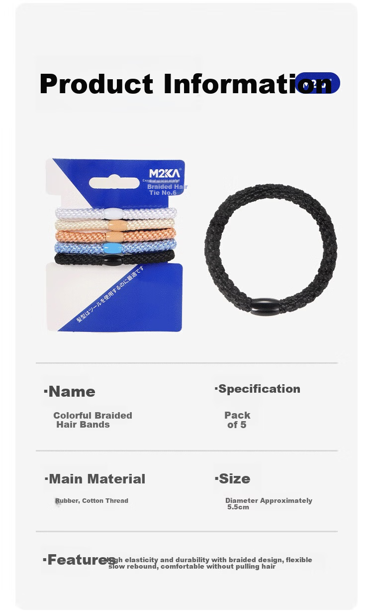 M2KA Braided Hair Ties for Women High Elastic Durable No Tightness No Marks Hair Bands Mixed Colors 5 Pieces 10