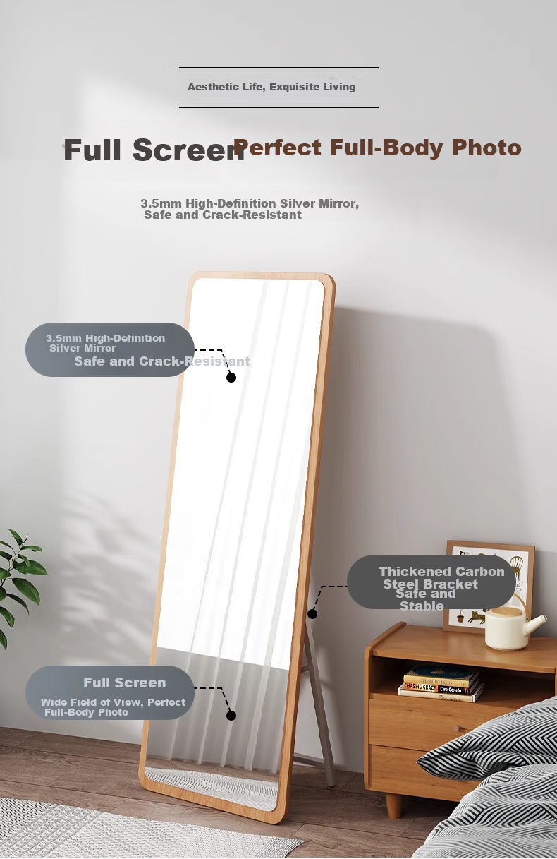 XIAOJIANGCAI Japanese Style Full-Length Mirror Home Dressing Mirror Bedroom Floor Mirror Minimalist High-Definition Fitting Mirror Natural Wood Wall-Mounted Mirror 1