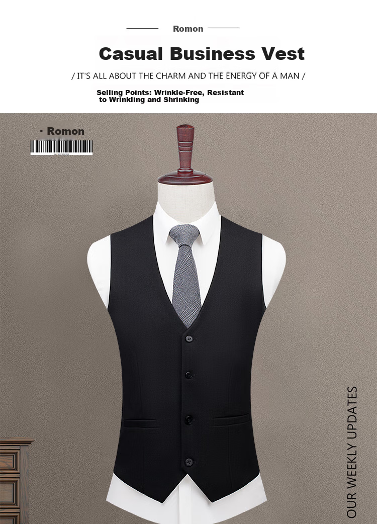 ROMON Wool Blend Men's Business Formal Suit Vest Black 4XL 1