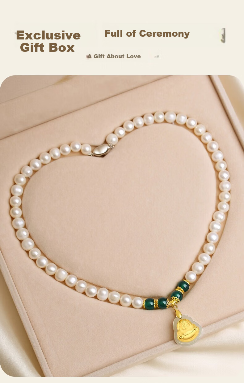 Chow Tai King Freshwater Pearl Necklace for Women, Gold Inlaid Jade Buddha Pendant, Mother's Day Gift for Mom and Elders, Birthday Present 12