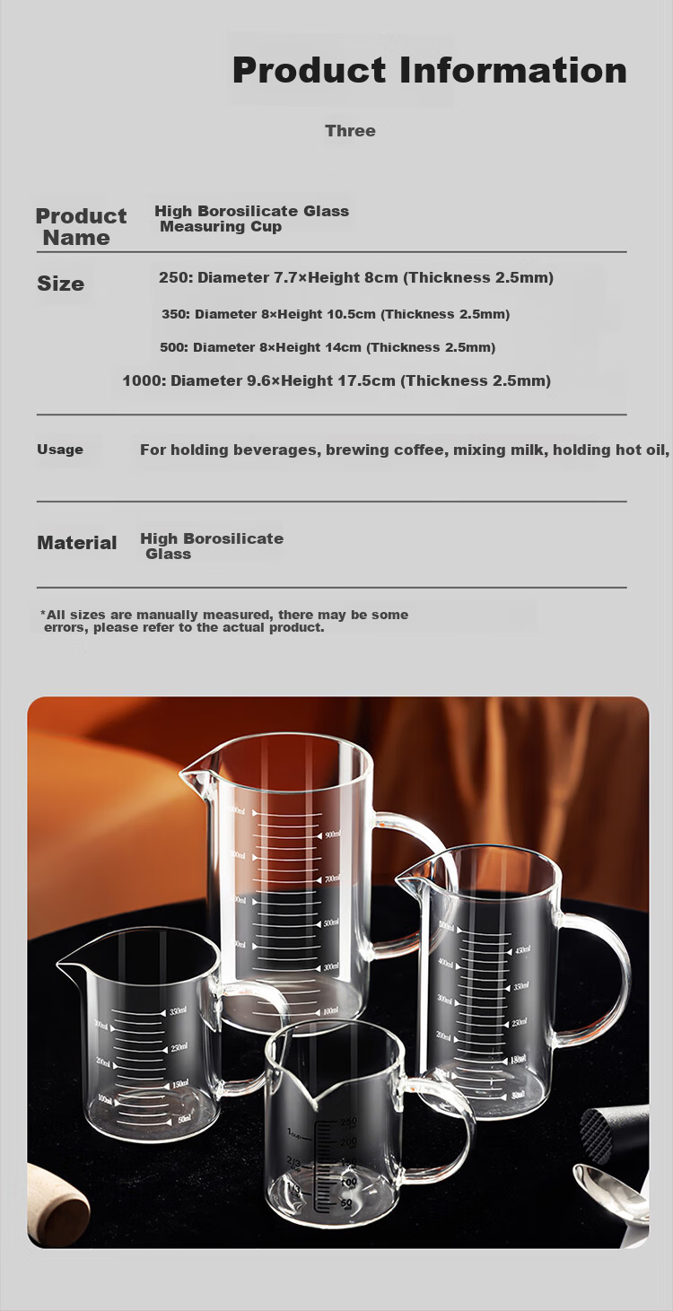 Lingchen Measuring Cup with Scale, 1000ml High Borosilicate Glass Cup, Food-Grade Heat-Resistant Household Kitchen Water Cup Measuring Cup 10