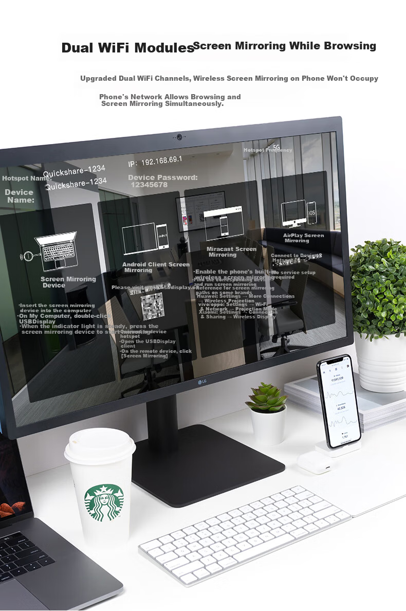 QuickShare Wireless Screen Mirroring Device HDMI HD Audio Video Transmission for PC Mobile Tablet Conference Office Laptop USB One-Key Connect Smart TV Projector LED Large Screen 11