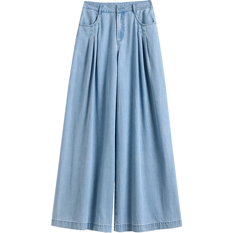 Demana [Lyocell Cotton Blend] Summer Simple Mid-High Waist Pleated Wide-Leg Slimming Concealing Denim Jeans for Women Premium Feel