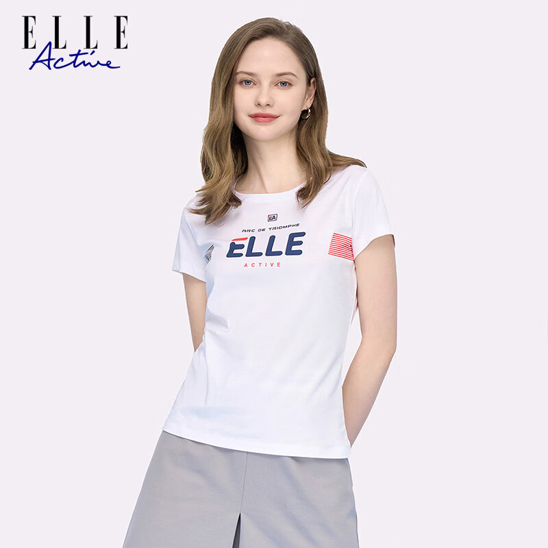 ELLE ACTIVE Women's Cotton T-Shirt Short Sleeve Simple Fashion Letter Print Casual Sports Round Neck Top Summer White S