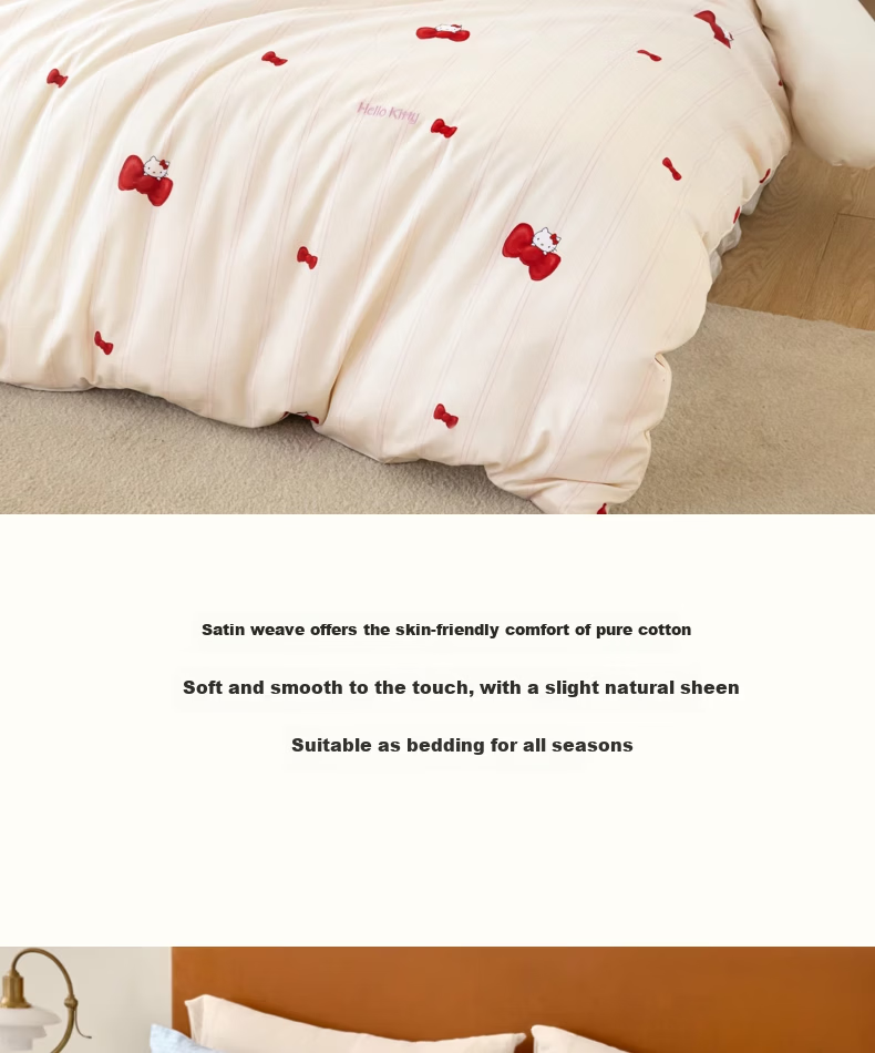 Tbh Sanrio Hello Kitty Cotton Satin Bowknot Print Bedding Set 4-Piece for 1.5m Bed with Fitted Sheet Sakura Pink 5