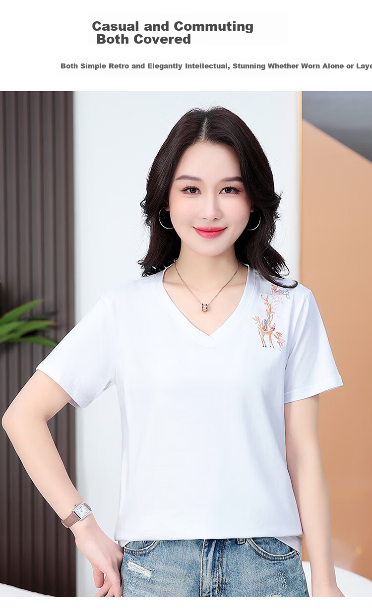 TUCANO Women's Short Sleeve T-Shirt Cotton Embroidered V-Neck Slim Fit Casual Plus Size Summer Top Green L 3