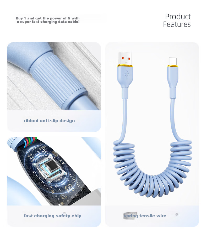 ZiTai Type-C Car Spring Retractable Charging Cable 100W Fast Charge for Huawei Honor Xiaomi Phones 1.2m Blue 11