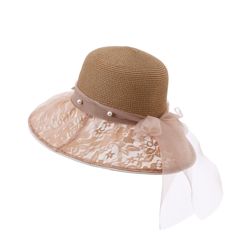 GLO-STORY Organza Women's Sun Protection Hat Lace Pearl Elegant Breathable Straw Top Fisherman Hat for Outings