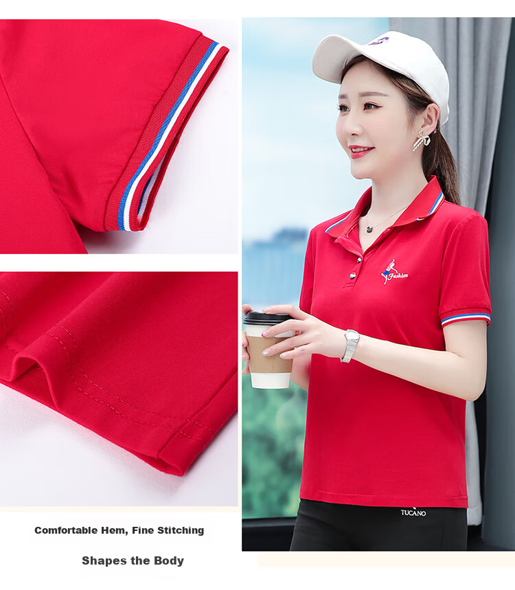 Woodpecker Women's Pure Cotton Short Sleeve T-Shirt Summer Printed Slim Fit Shoulder Polo Shirt Red XL 5