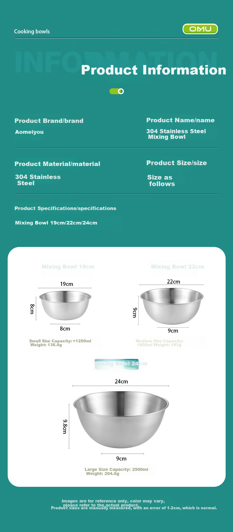 Aomeiyou 304 Stainless Steel Bowl 22cm for Washing Vegetables, Kneading Dough, Beating Eggs, Household Kitchen Salad Mixing Bowl with Straight Edge 6