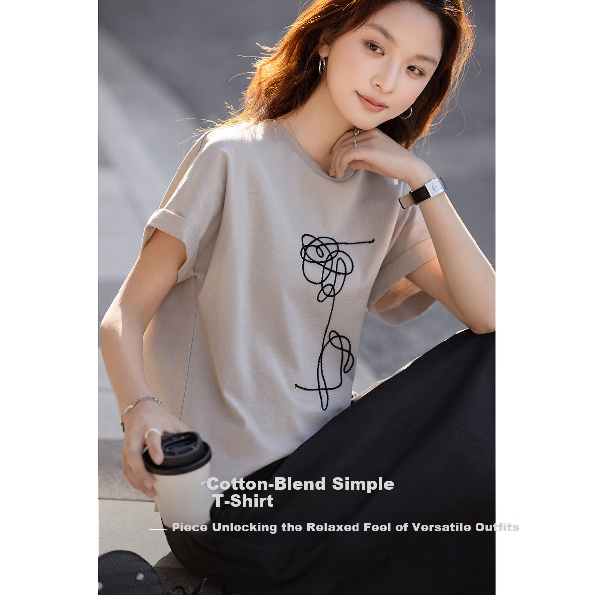 Demana [Cloud Soft Cotton Blend] Spring Urban Simple Crew Neck Color-Block Embroidered Short Loose Fit Women's T-Shirt