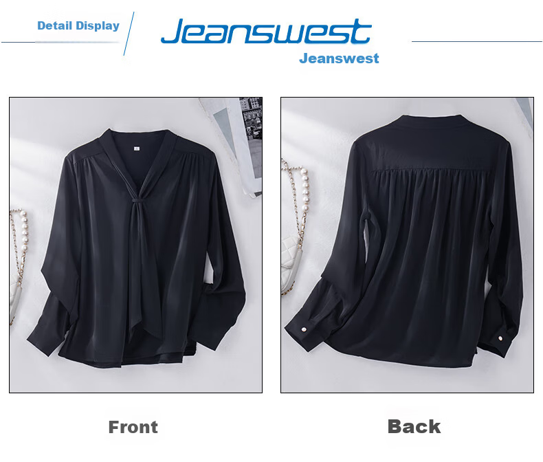 Jeanswest Women's Summer Shirt with Ribbon Collar, Long Sleeves, Elegant Wrinkle Top for Work And Fashion, Black, Size L 4